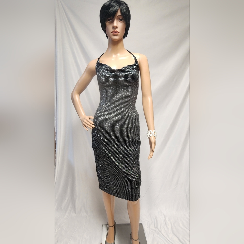 Gorgeous Cocktail Midi Dress Black and Silver Size Small